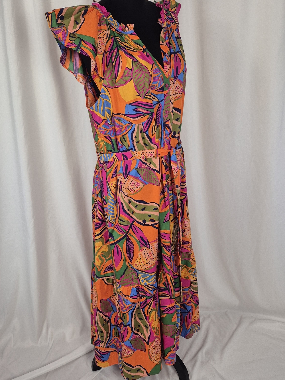 Sugarlips Milana Full-Button Tropical Print Tiered Cotton Midi Dress - Size L - Picture 7 of 15